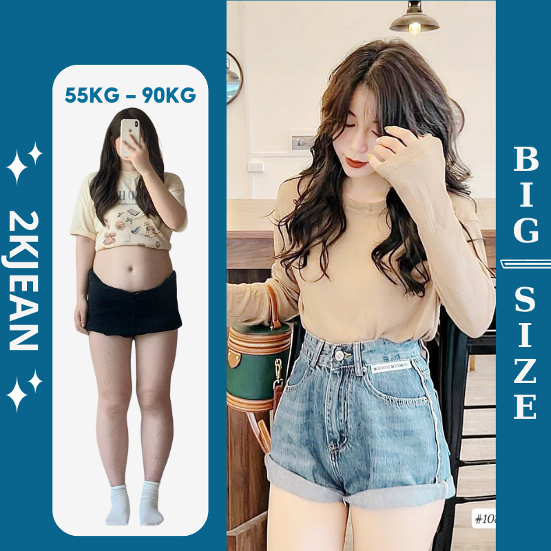 Quần đùi jean nữ bigsize từ 55kg-85kg, quần short trơn viền tua rua cạp cao đi biển thời trang 2kjean Ms1086