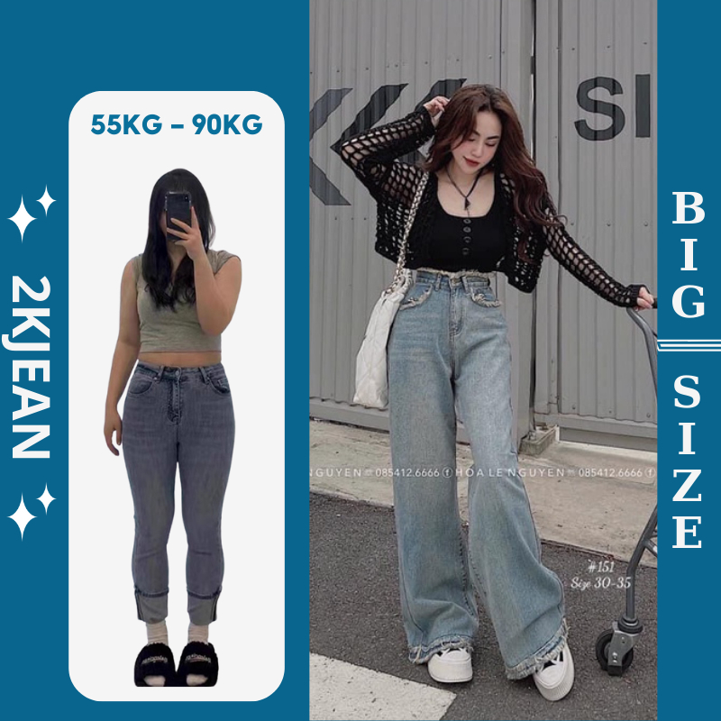 Quần jean baggy nữ bigsize từ 40-85kg, quần dài ống rộng cạp cao tua rua đi chơi đi học 2KJean MS151