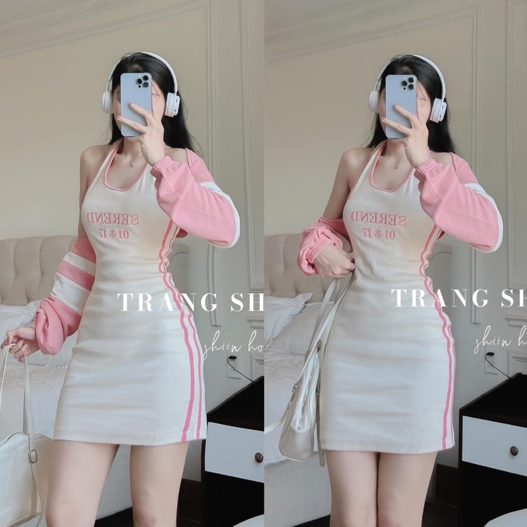 Set bộ váy body nữ cố yếm phối viền tone màu trắng, hồng xinh xắn dành cho các nàng teen diện đi chơi siêu cute