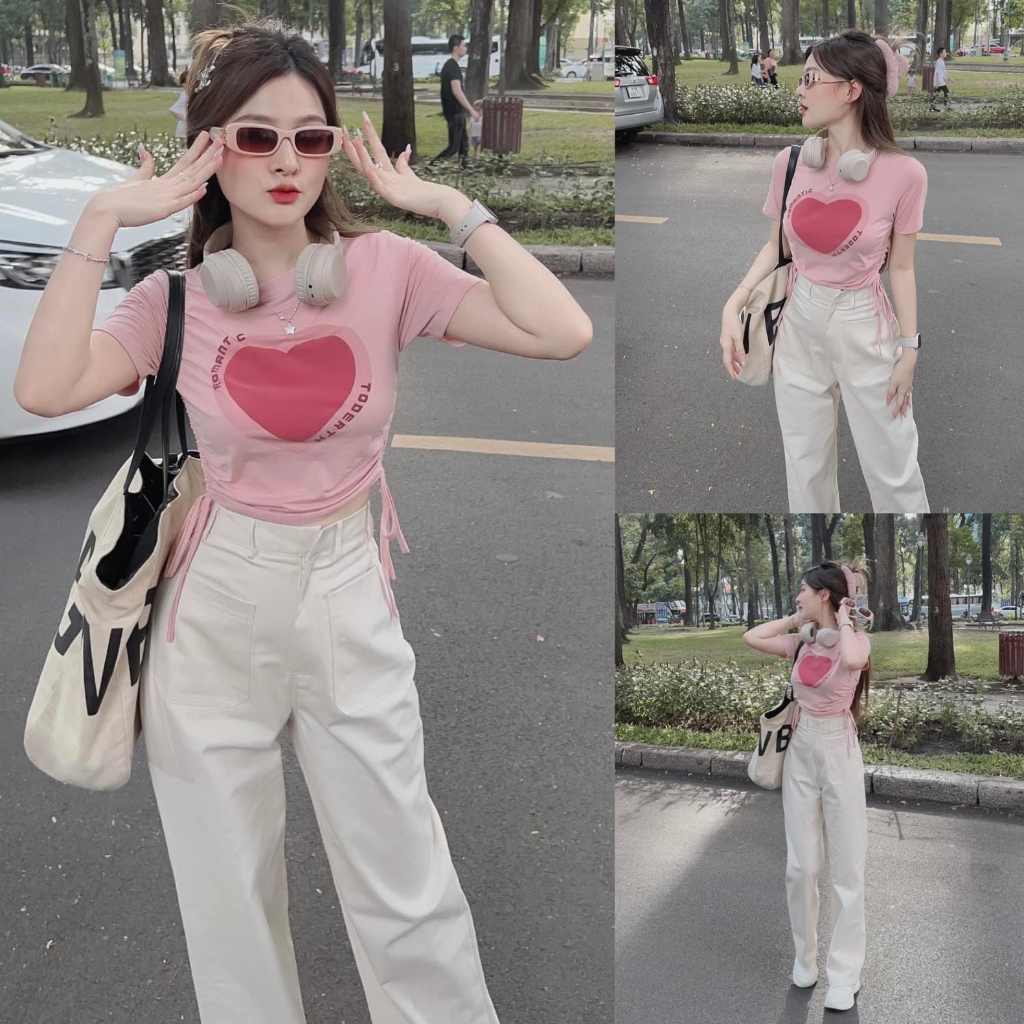 Set bộ đồ nữ áo croptop rút dây họa tiết trái tim hồng cute mix quần suông trắng tôn dáng diện đi chơi siêu xinh