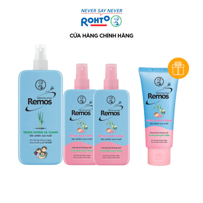[VB] Bộ 3 xịt chống muỗi Remos:1 Xịt hương Sả Chanh 150ml+2 Xịt Baby Spray bé từ 6 tháng 70ml+TẶNG 1 Kem Remos baby 70g