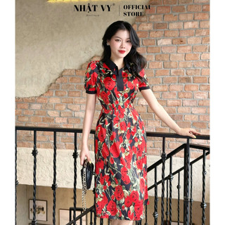 Đầm hoa đi chơi Nhật Vy cổ sơ mi dáng ôm tay lửng chất mango phù hợp dạo phố công sở cafe sanh chảnh - D2465