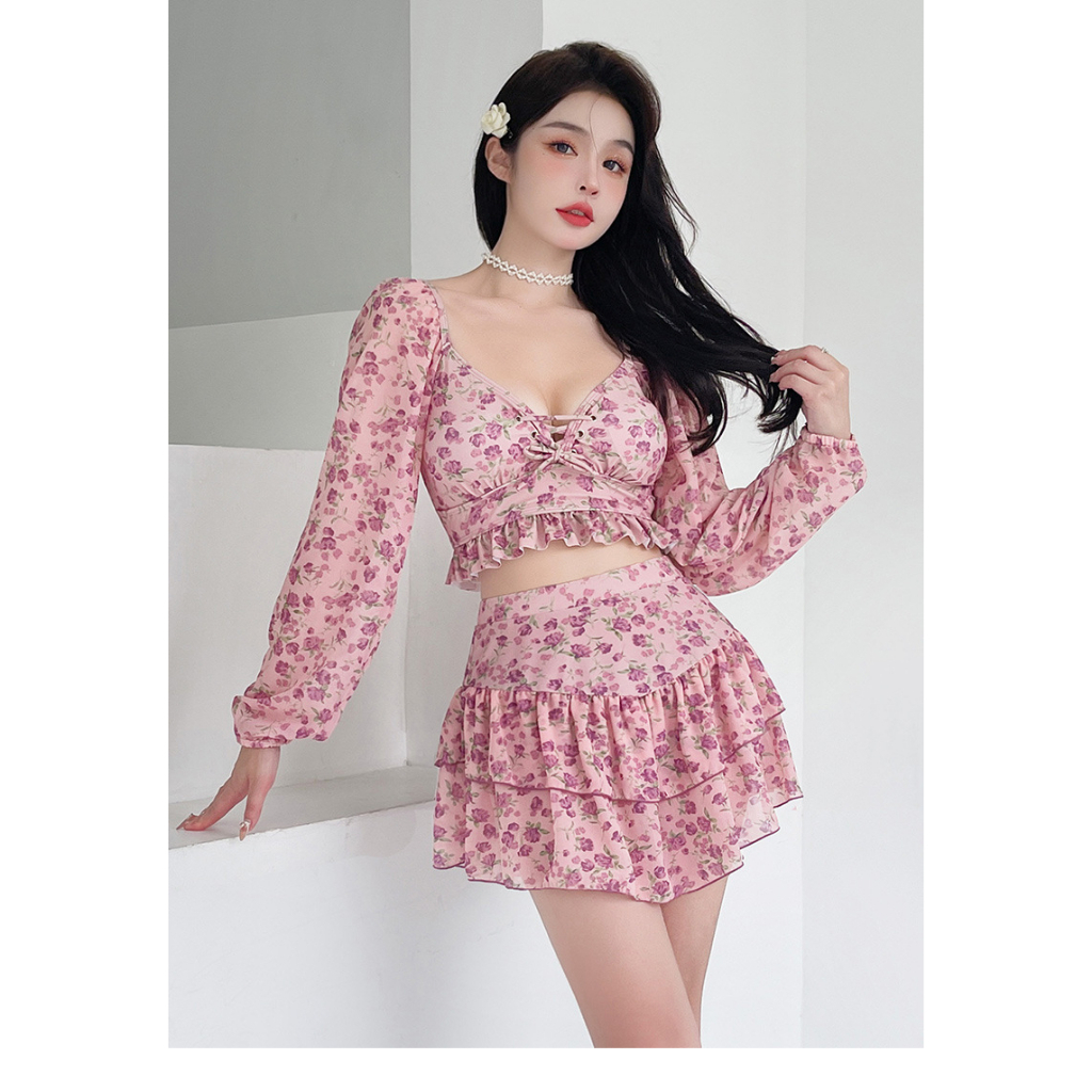 Bikini đi biển 2 mảnh LUHAZO dáng váy tay dài áo dài tay cúp ngực kèm chân váy lưng cao tôn dáng hoa vintage 8439