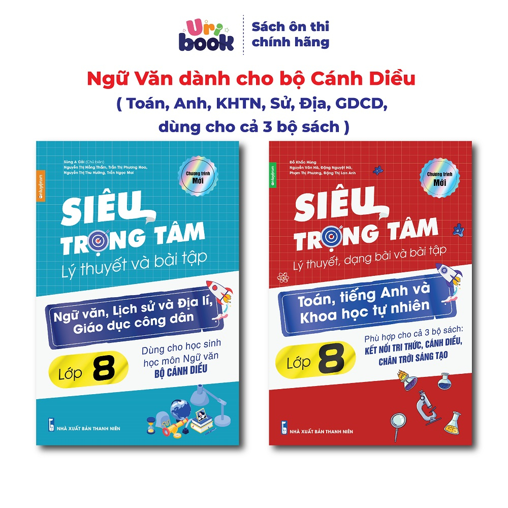 Lớp 8 (Bộ Cánh Diều )- Combo 2 Sách Siêu trọng tâm TOÁN, TIẾNG ANH, KHTN và Văn, Khoa học xã hội lớp 8-Uribook