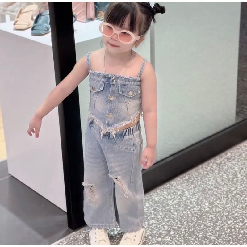 Bộ áo dây jean và quần ống xuông rách gối cho bé siêu cá tính cho bé gái
