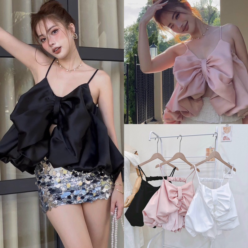 Áo hai dây tùng bí xoè nơ ngực dễ thương