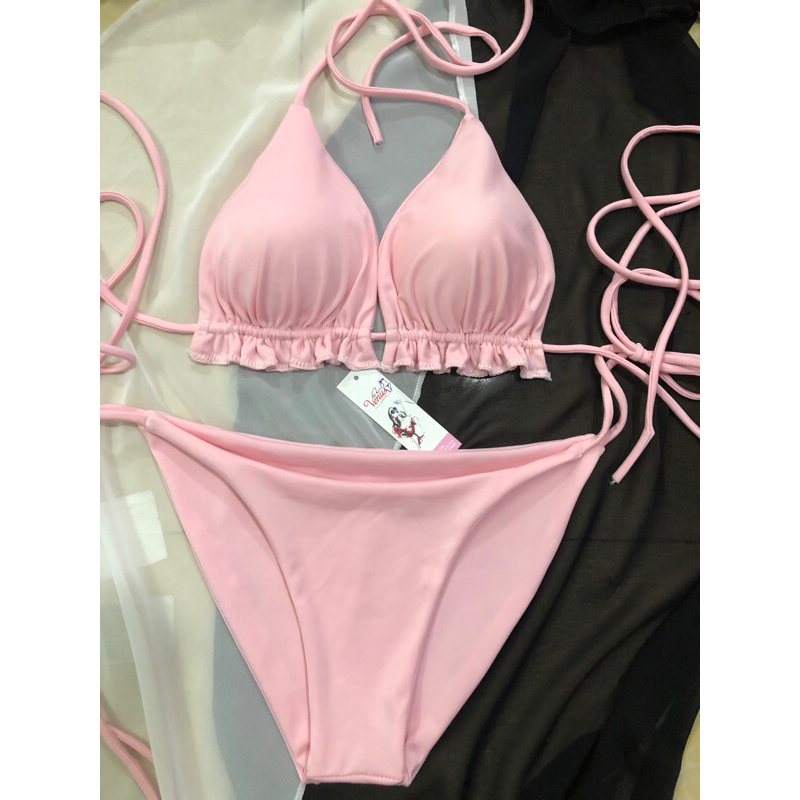 Bikini áo tắm 2mảnh Hồng phấn ren rút ( video +hình thật)
