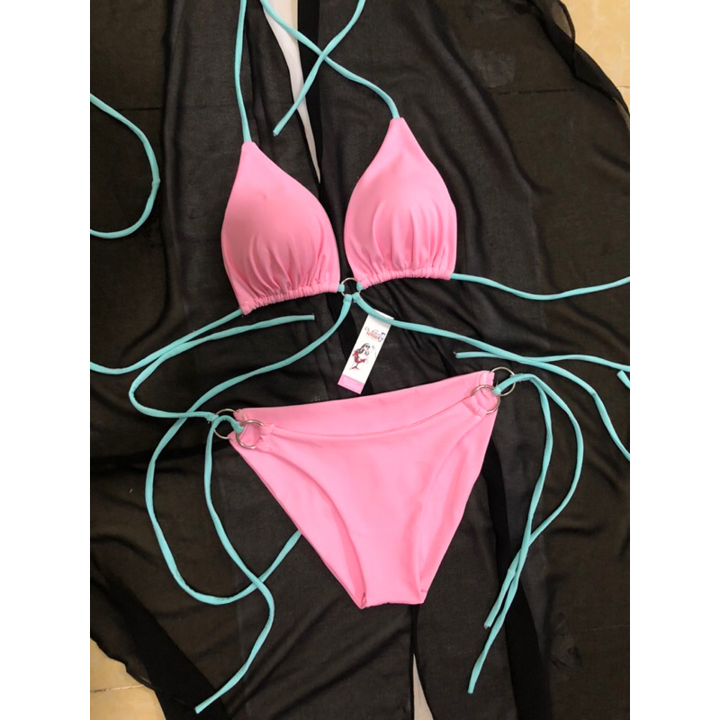 Bikini áo tắm 2mảnh Hồng phấn khoen phụ kiện phổi dây xanh ngọc siêu tôn da( video +hình thật)