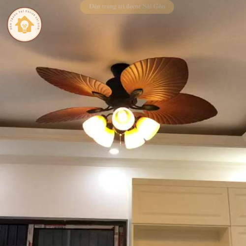 Quạt trần đèn 5 cánh lá xòe lõi đồng 6 cấp độ gió ánh sáng vàng có điều khiển từ xa tùy chỉnh