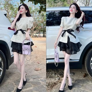 Set áo tiểu thư xốp nơ kèm chân váy xoè