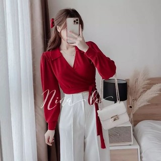 Áo vạt chéo buộc nơ eo mix quần đũi suông trắng