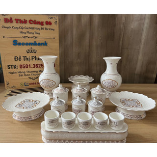 Bộ thờ cúng - sét đồ thờ phụng Ngọc Sứ Trăng Cao Cấp gồm bình, lư, dĩa, án...