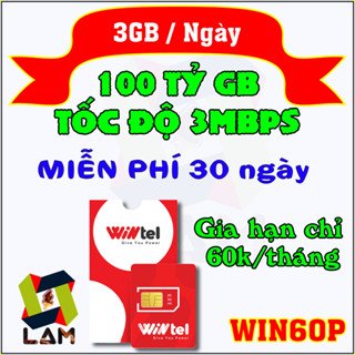 Sim 4G Wintel Win60P 3GB/Ngày, 1 Tỷ GB Data 3Mbps, Gia hạn chỉ 60k/tháng - Miễn Phí tháng đầu (Có eSIM)