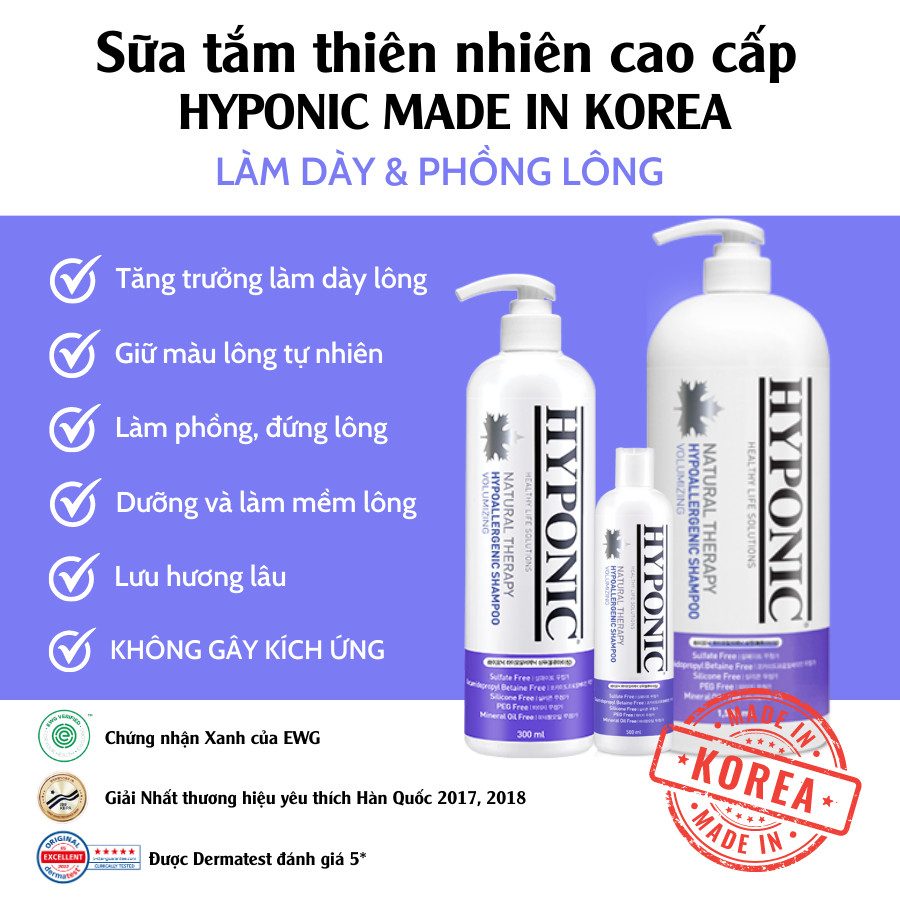 Sữa tắm cho chó cao cấp HYPONIC Hypoallergenic, làm dày & phồng lông