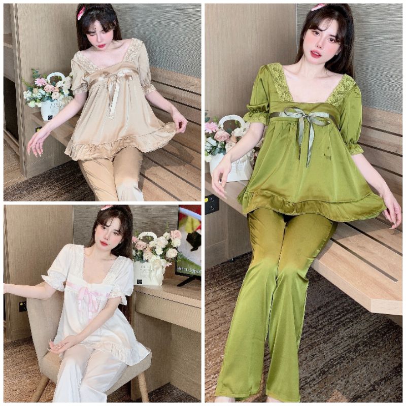 Đồ bộ pyjama - Mẫu tiểu thư cổ U tay ngắn quần dài xinh xắn - Lụa Latin Cao Cấp Shopkieu_95