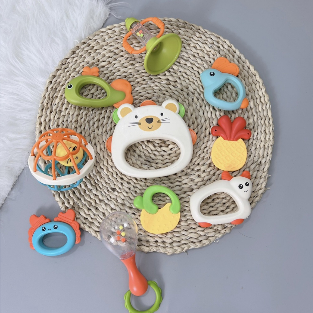 Đồ chơi xúc xắc gặm nướu 2 trong 1 túi 10 món chất liệu nhựa ABS an toàn cho bé