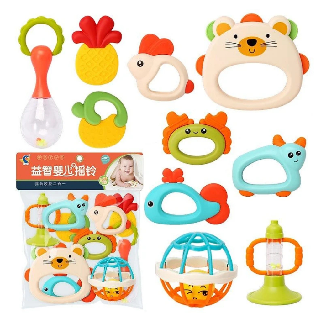 Đồ chơi xúc xắc gặm nướu 2 trong 1 túi 10 món chất liệu nhựa ABS an toàn cho bé