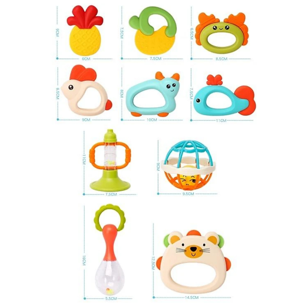 Đồ chơi xúc xắc gặm nướu 2 trong 1 túi 10 món chất liệu nhựa ABS an toàn cho bé