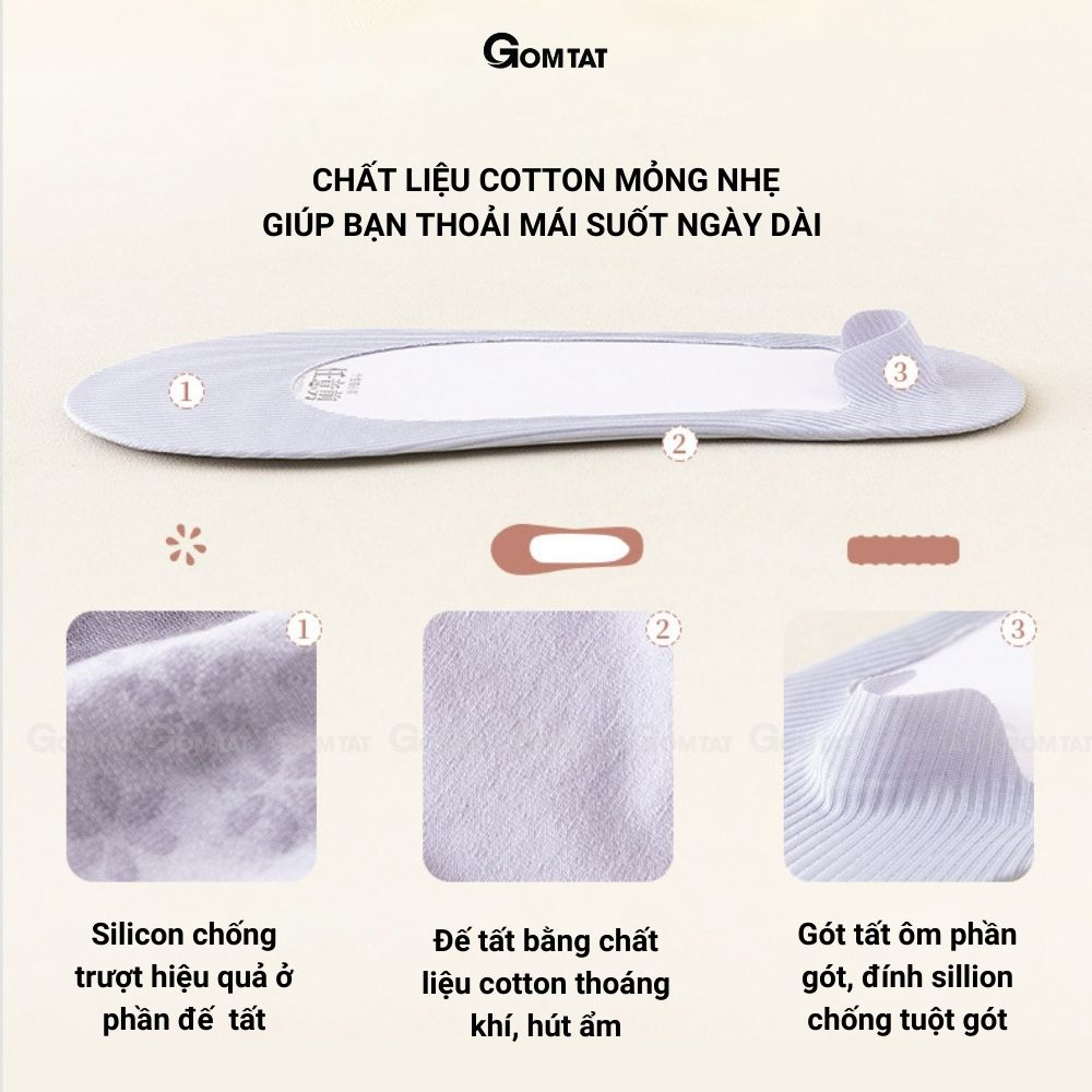 Tất vớ lười nữ GOMTAT chất liệu cotton trơn sọc gân, có đệm cao su chống tuột gót - BUB-KOL-1302-1DOI