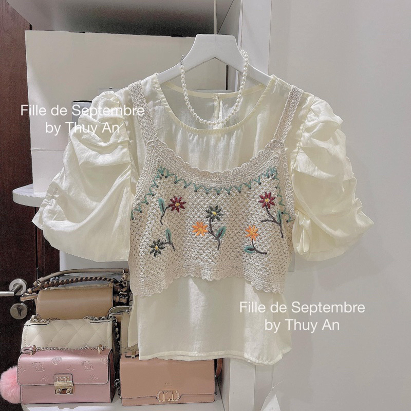Set áo sơ mi tơ mix áo gile thêu hoa hàng QC