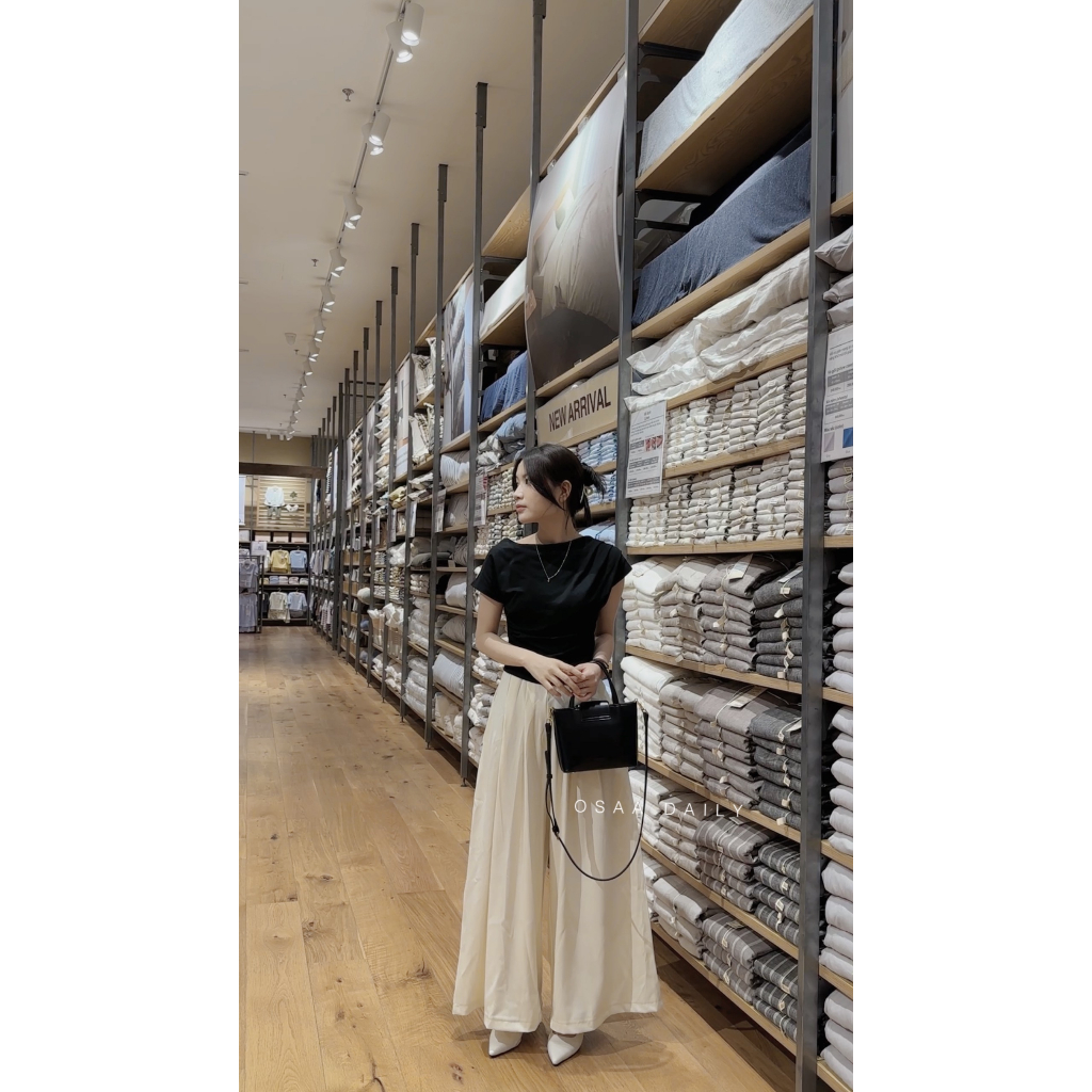 Set Áo Thun Nhún Eo Mix Quần Tây Nữ Xếp Ly To Ống Rộng Eo Cao Hack Dáng - OSAADAILY