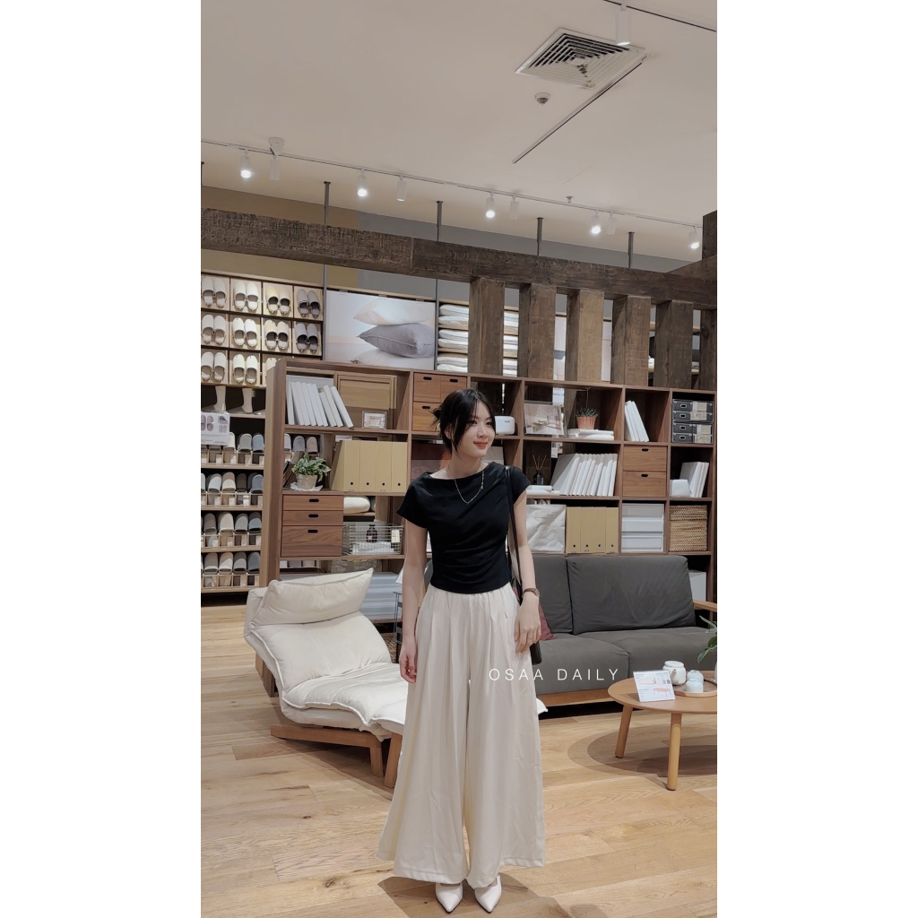 Set Áo Thun Nhún Eo Mix Quần Tây Nữ Xếp Ly To Ống Rộng Eo Cao Hack Dáng - OSAADAILY