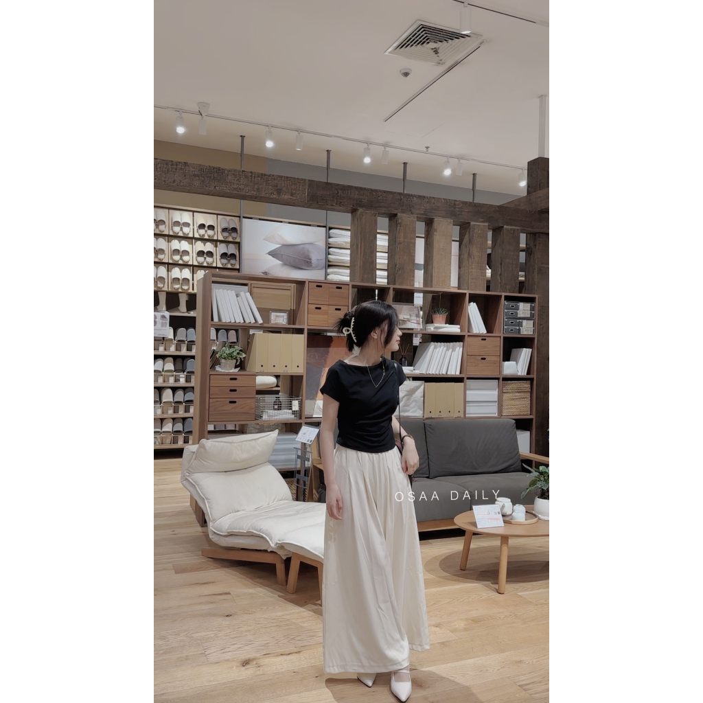 Set Áo Thun Nhún Eo Mix Quần Tây Nữ Xếp Ly To Ống Rộng Eo Cao Hack Dáng - OSAADAILY