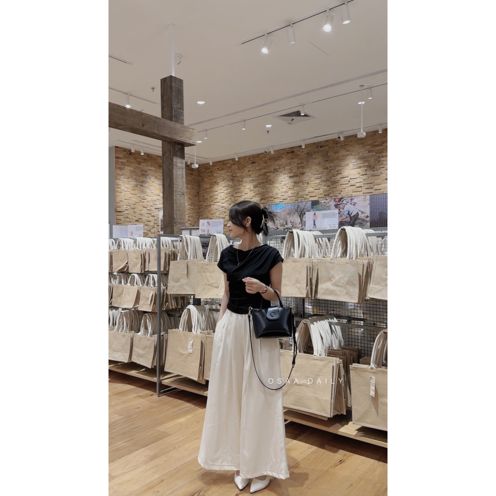 Set Áo Thun Nhún Eo Mix Quần Tây Nữ Xếp Ly To Ống Rộng Eo Cao Hack Dáng - OSAADAILY