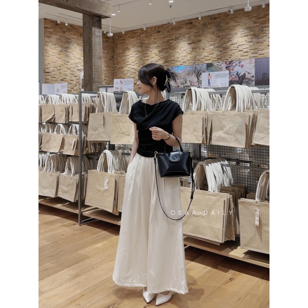 Set Áo Thun Nhún Eo Mix Quần Tây Nữ Xếp Ly To Ống Rộng Eo Cao Hack Dáng - OSAADAILY