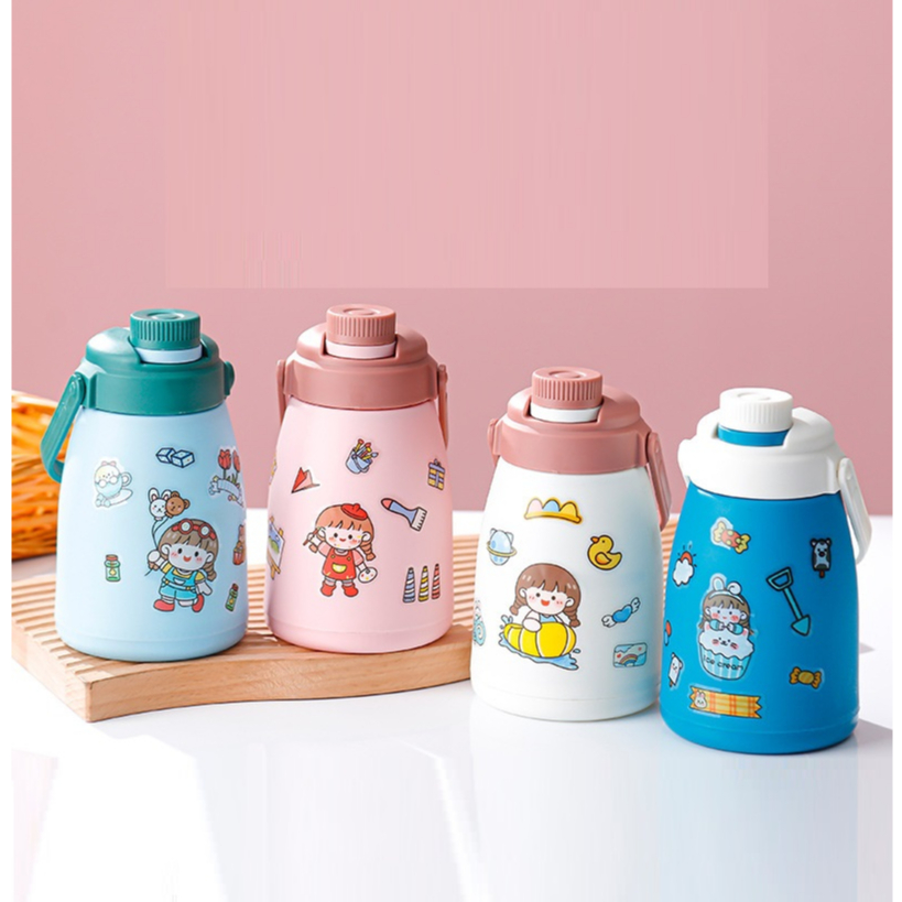 Bình Nước Bụng To Cute Kèm Sticker Lõi Thủy Tinh Có Quai Xách 500ml