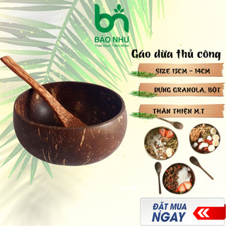 [Size 12cm - 14cm] Chén bát gáo dừa kèm muỗng trộn bột thiên nhiên, đựng Granola/Salad/Decor