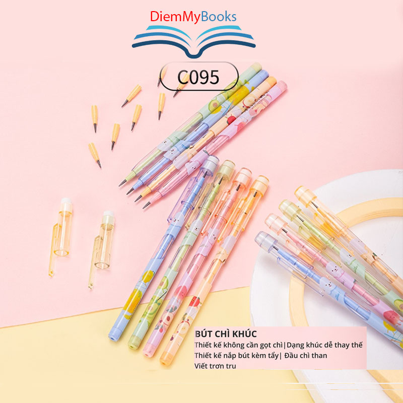 Bút chì khúc học sinh HB Deli C095 kèm đầu tẩy màu ngẫu nhiên có thể thay thế ngòi, an toàn cho trẻ em khi sử dụng