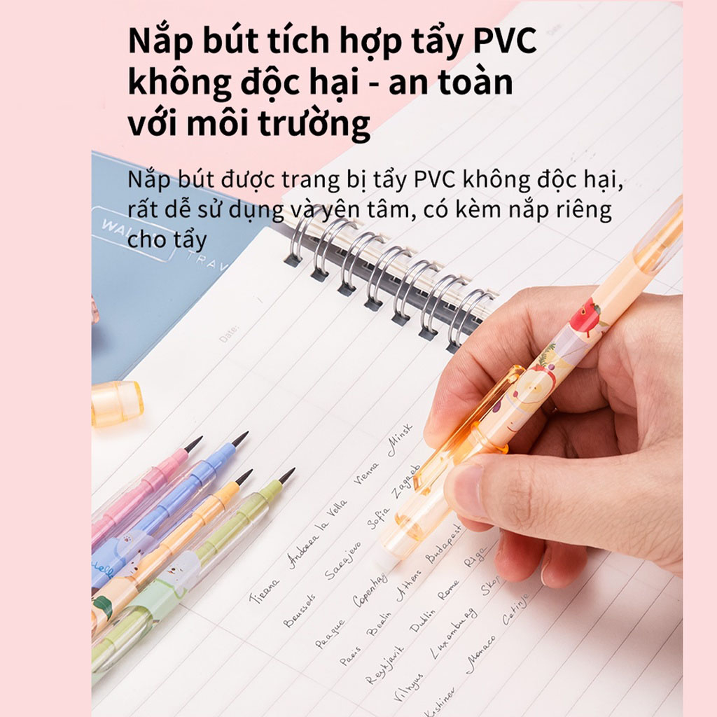 Bút chì khúc học sinh HB Deli C095 kèm đầu tẩy màu ngẫu nhiên có thể thay thế ngòi, an toàn cho trẻ em khi sử dụng