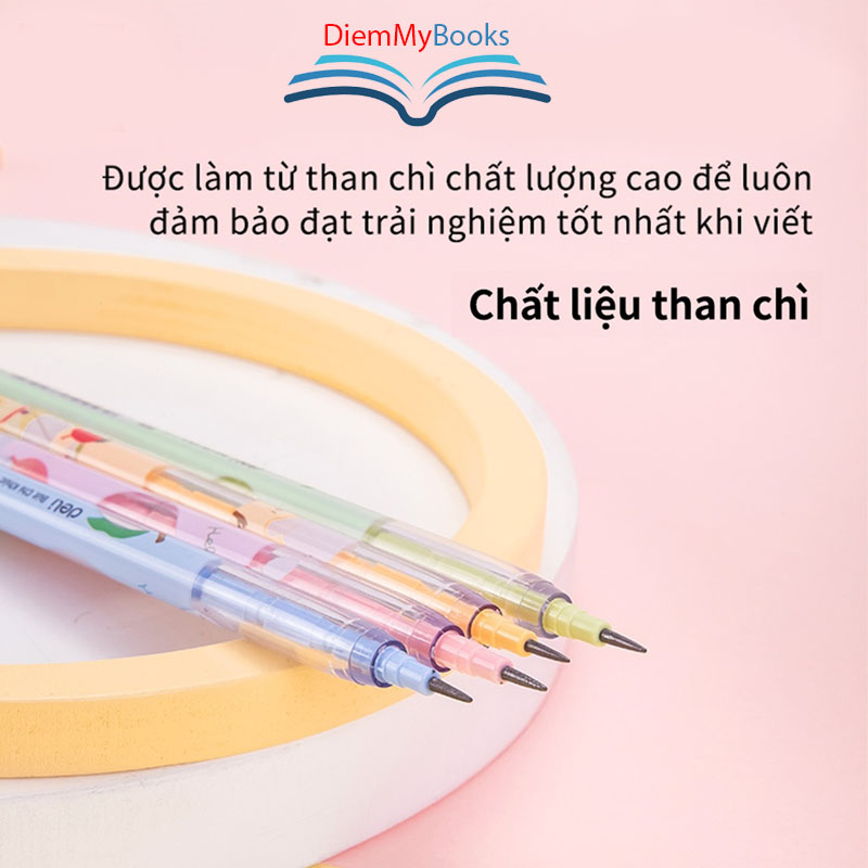 Bút chì khúc học sinh HB Deli C095 kèm đầu tẩy màu ngẫu nhiên có thể thay thế ngòi, an toàn cho trẻ em khi sử dụng