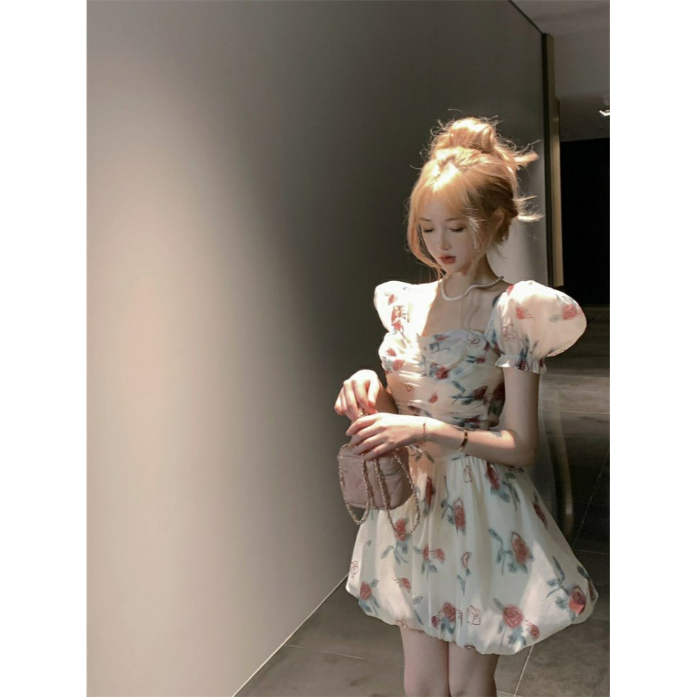 Đầm tay phồng hoa váy mùa hè cup xòe váy cổ vuông nữ 2023 TH123