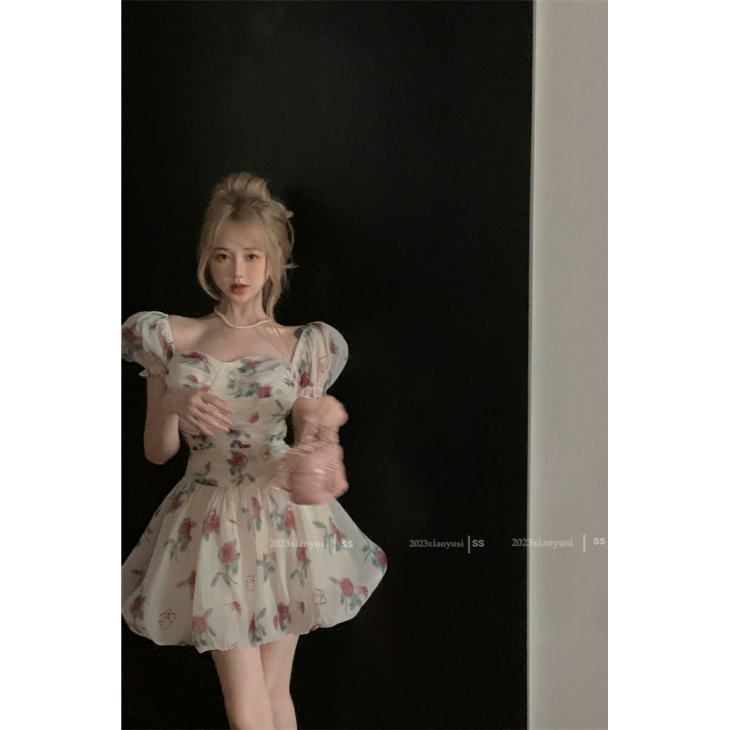 Đầm tay phồng hoa váy mùa hè cup xòe váy cổ vuông nữ 2023 TH123
