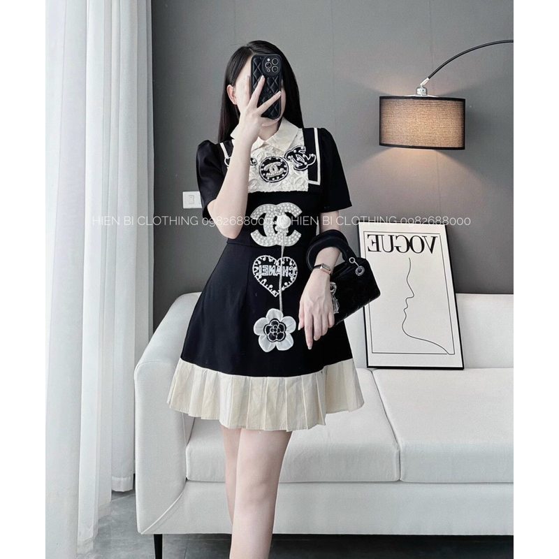 Váy cổ bẻ cộc tay đính X hoa ngọc phối gấu be xếp ly sang chảnh (kèm ảnh thật)