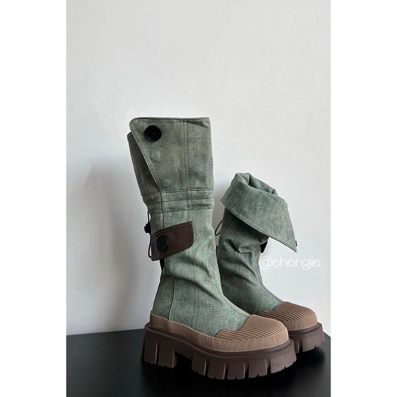 BỐT ĐÙI B130 DENIM ĐẾ RĂNG CƯA 5CM PHỐI NÂU ĐI ĐƯỢC 2 KIỂUNN