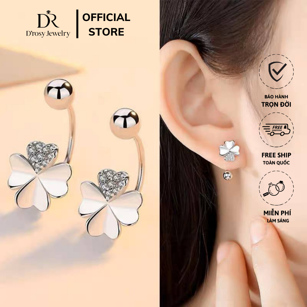 Khuyên tai bạc nữ cỏ bốn lá hoa cong chốt bi vặn xinh xắn thương hiệu D’ROSY JEWELRY.