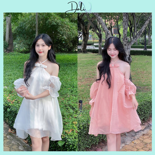 Đầm Thiết Kế Cổ Yếm Tay Bồng Nơ Đá 2 Lớp, Váy Dáng Xoè Chất Liệu Voan Tơ Sang Chảnh