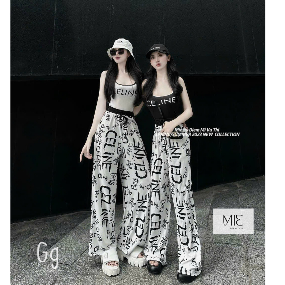 Set bộ đồ nữ 2 dây phối quần suông dài họa tiết chữ đặc sắc, nổi bật với phong cách nữ cá tính, trẻ trung năng động