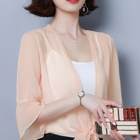 Áo cardigan khoác mỏng tay lỡ thắt nơ mặc kèm áo váy hai dây - Mã 010