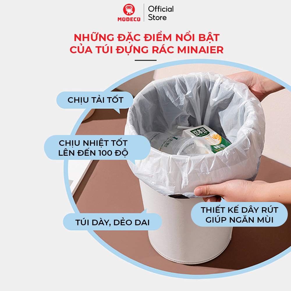 Túi Đựng Rác Tự Phân Huỷ Có Dây Rút Minaier - 45x50 cm - 100 túi/cuộn - Loại Dày, Tiện Dụng Sạch Sẽ Thông Minh - MODECO