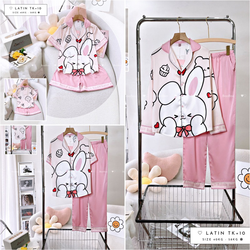 Pyjama Lụa Latin Thiết Kế Cao Cấp Booboo Thỏ Hồng 4-Tiên Suri House