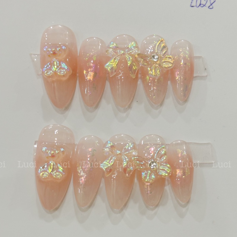 Nail box thiết kế L028 thạch cam nude đính charm gấu nơ ombre giữa móng dễ thương luci.nailbox