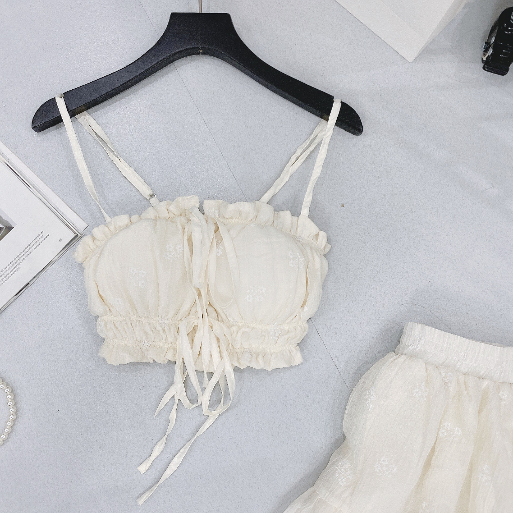 Set váy maxi dáng dài hoa đũi tơ nhí siêu xinh, Set áo hai dây đệm ngực mix chân váy bồng xòe dáng tiểu thư cận chất