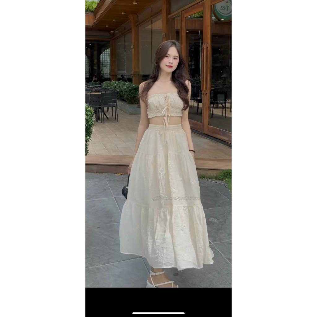 Set váy maxi dáng dài hoa đũi tơ nhí siêu xinh, Set áo hai dây đệm ngực mix chân váy bồng xòe dáng tiểu thư cận chất