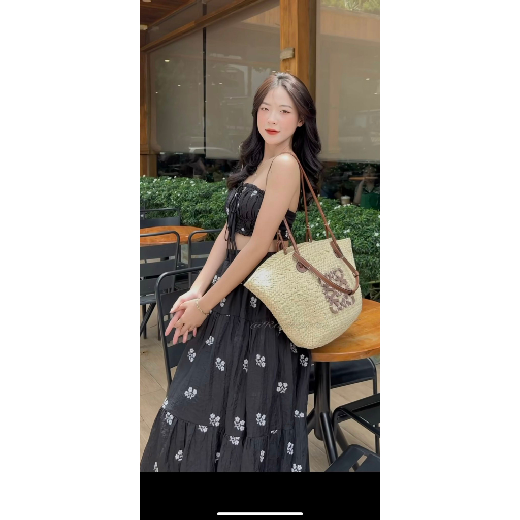 Set váy maxi dáng dài hoa đũi tơ nhí siêu xinh, Set áo hai dây đệm ngực mix chân váy bồng xòe dáng tiểu thư cận chất