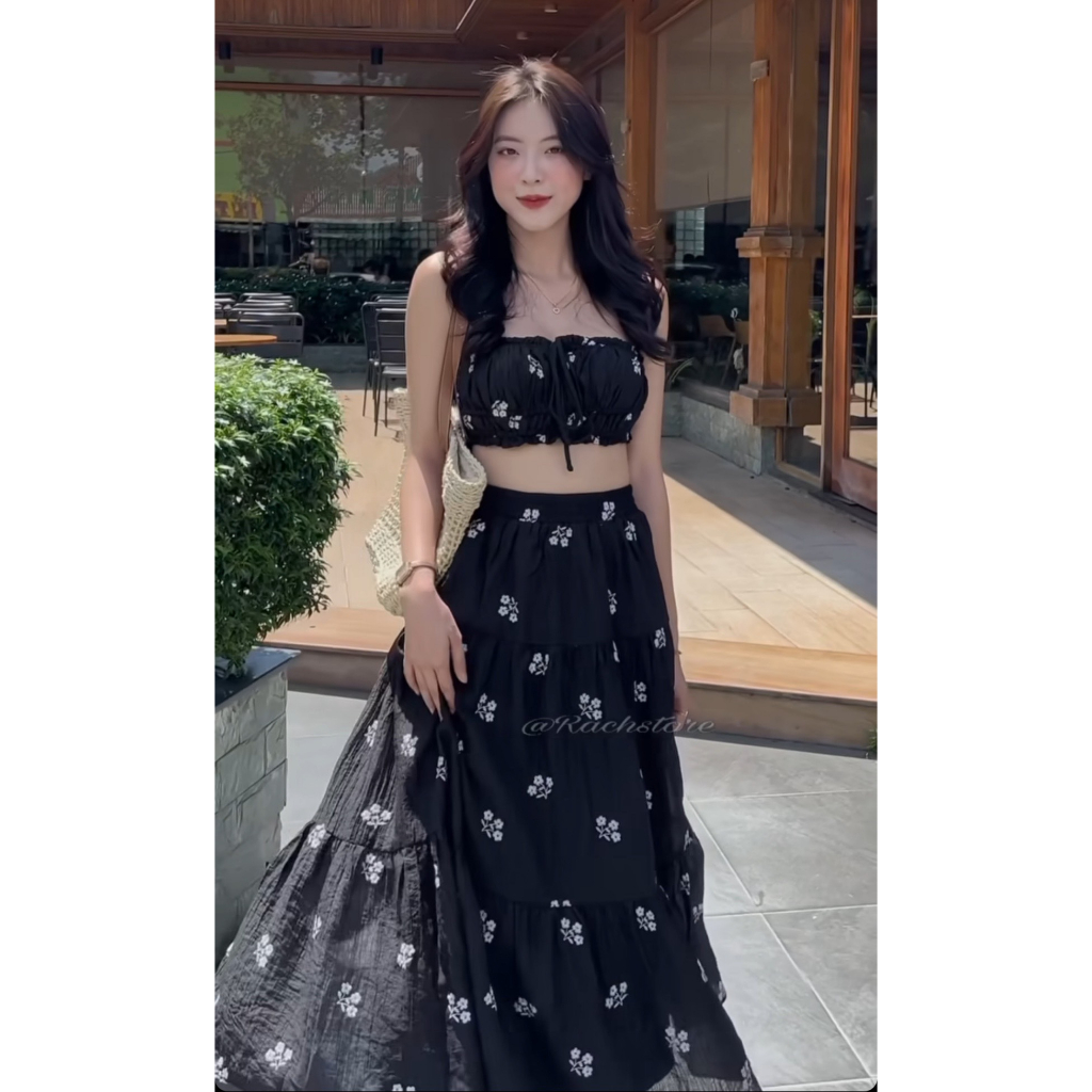 Set váy maxi dáng dài hoa đũi tơ nhí siêu xinh, Set áo hai dây đệm ngực mix chân váy bồng xòe dáng tiểu thư cận chất