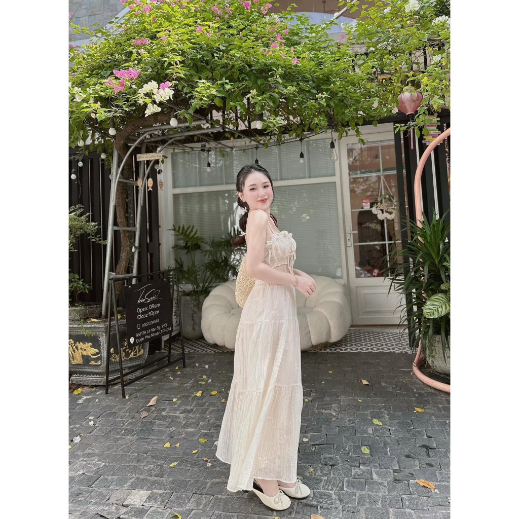 Set váy maxi dáng dài hoa đũi tơ nhí siêu xinh, Set áo hai dây đệm ngực mix chân váy bồng xòe dáng tiểu thư cận chất